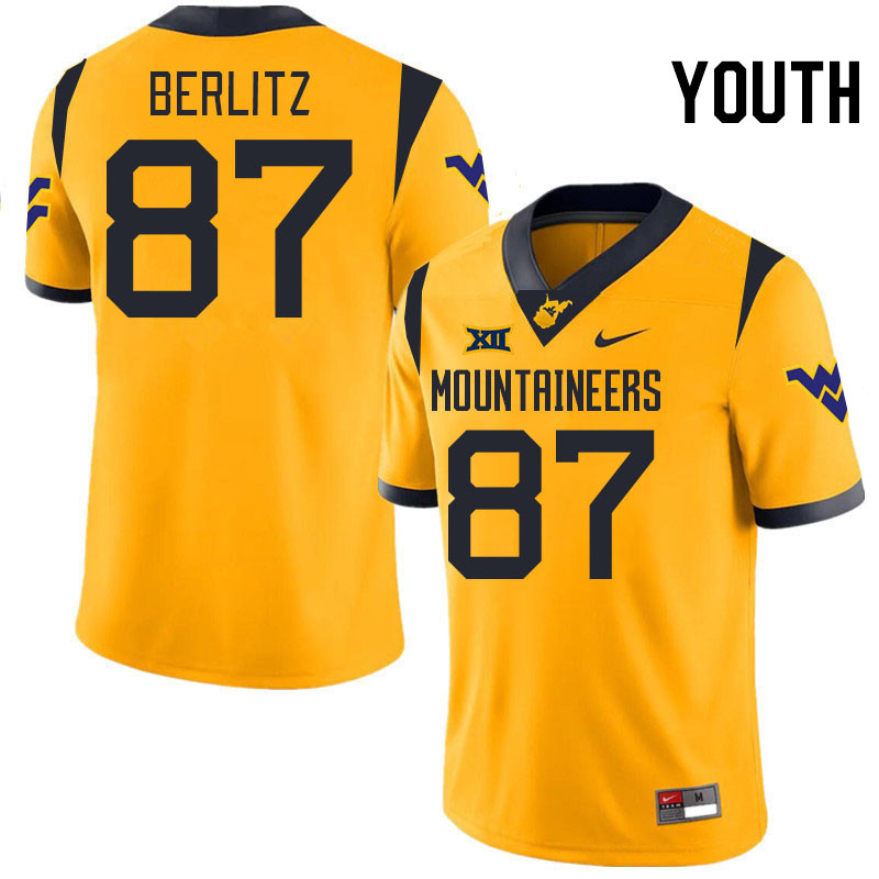 Youth #87 Derek Berlitz West Virginia Mountaineers College 2024 New Uniforms Football Jerseys Stitch